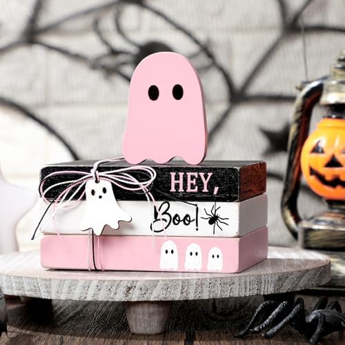 GlikCeil 4 Pcs Halloween Ghost Table Decorations Spooky Wooden Signs,Pink