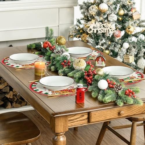 Artoid Mode Gingerbread Candy Cane Merry Christmas Round Placemats Set of 4, 14 Inch Winter Round Table Mats for Dining Decoration