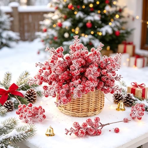 24 Pack Red Berry Stems,Artificial Burgundy Glitter Red Berries,7.5 Inch Christmas Berries Picks for DIY Crafts Christmas Tree Christmas Wreath Home Wedding Home Party Decoration (Snow Red)
