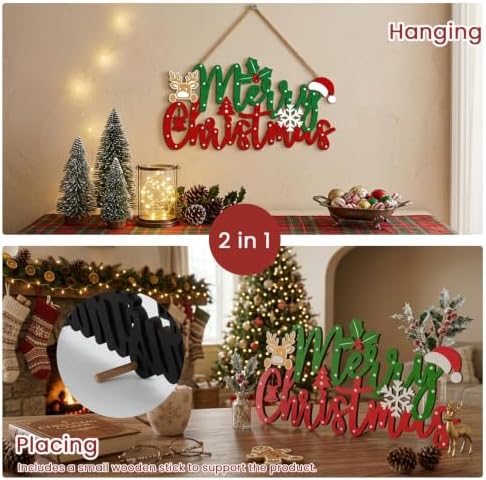 Merry Christmas Sign for Front Door Decor - 2 in 1Wooden 11.8 Inch × 6.7inch Christmas Wreath Wall Hanging or Tabletop Centerpiece for Door, Table, Fireplace
