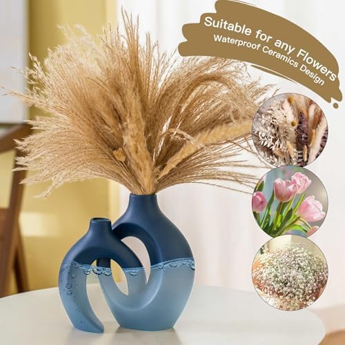 Lvases Snuggle Hollow Ceramic Flower Vase of 2, Navy Blue Home Decor Vases