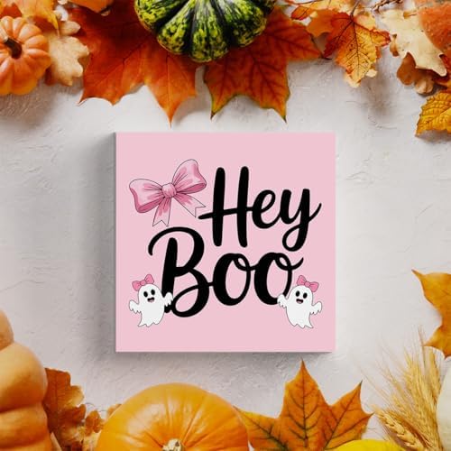 HTBIG Halloween Hey Boo Sign Cute Pink Ghost Desk Decor For Home Rustic Wooden Shelf Decor Season House Girl Room Indoor 5 x 5 Inch