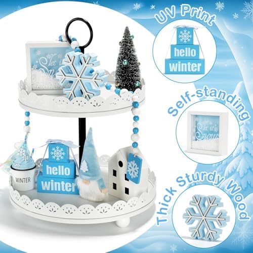 Winter Decoration for Home Office 8 PCS Blue Winter Tiered Tray Decor Set