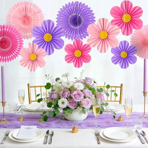 ADLKGG 12 Pcs Pink Purple Party Decorations, Paper Fans Flower Wall