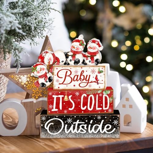 Britimes Tiered Tray Decor Set, 4 Pack, Wooden Table Sign, Snowman
