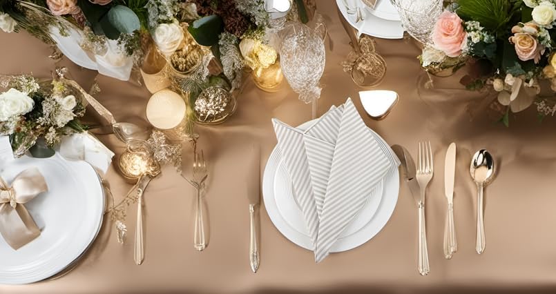 Plain Striped Cotton Linen Blended Dinner Cloth Napkins - Set of 12 (17 x 17 inches) - for Events & Home Use (Beige)