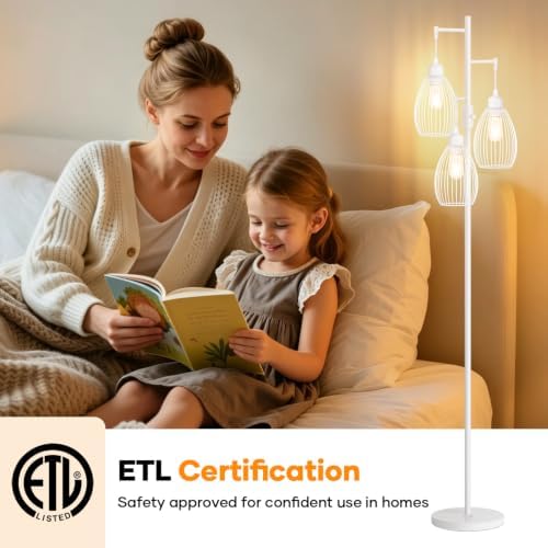 Dimmable Floor Lamp, 3 x 800LM LED Edison Bulbs Included, Farmhouse Industrial Floor Lamp Standing Lamp with Elegant