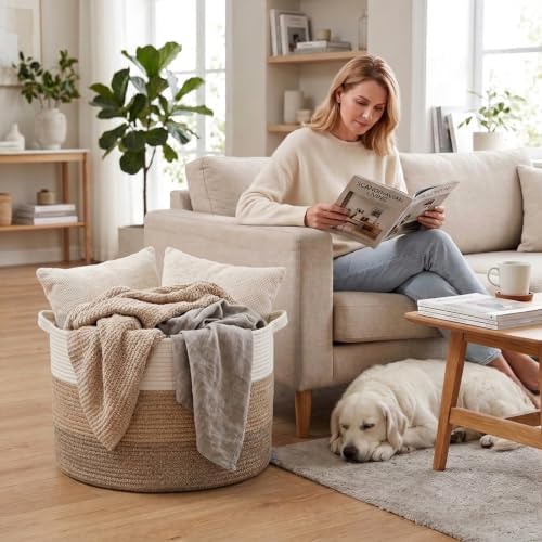 90L Extra Large Blanket Basket,Woven Rope Laundry Basket-Mix Brown