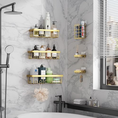 Veken Adhesive Shower Caddy 6-Pack,Gifts for Women Mom,Heavy Weight Bearing,Large Wall Mounted Bathroom Shelves