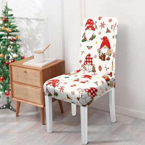 Christmas Chair Covers Set of 4, Winter Gnome Snowflake Holly Chair Protectors, Elastic Removable Washable Dining Chair Covers for Winter Christmas Kitchen Dining Room Holiday Decor