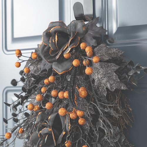 Glitzhome Halloween Teardrop Swag, 28" H Spooky Black Fall Swag Decor, Twig Wreath with Black Rose and Berry Floral Swag for Doorway, Wall, or Mantel, Set of 2