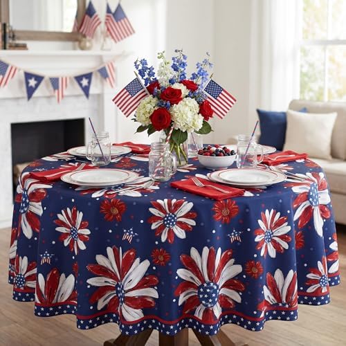 4th of July Tablecloth 60 Inch Round, Patriotic Memorial Day Print Flowers Decorations for Home Table Cloth, Independence Day Blue Seasonal Decor Tablecloths Polyester for Picnic Party Supplies
