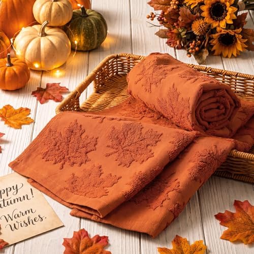 Mindsoft 2 Pcs Fall Hand Towels 3D Pumpkin Jacquard,Orange Maple Leaves