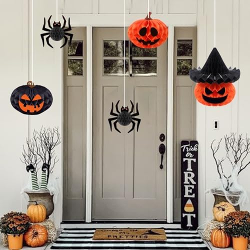 Konsait Halloween Hanging Decorations - 5 Pack Paper 3D Spider Pumpkin Decor with Facial Expressions Stickers for Indoor Outdoor Halloween Decorations