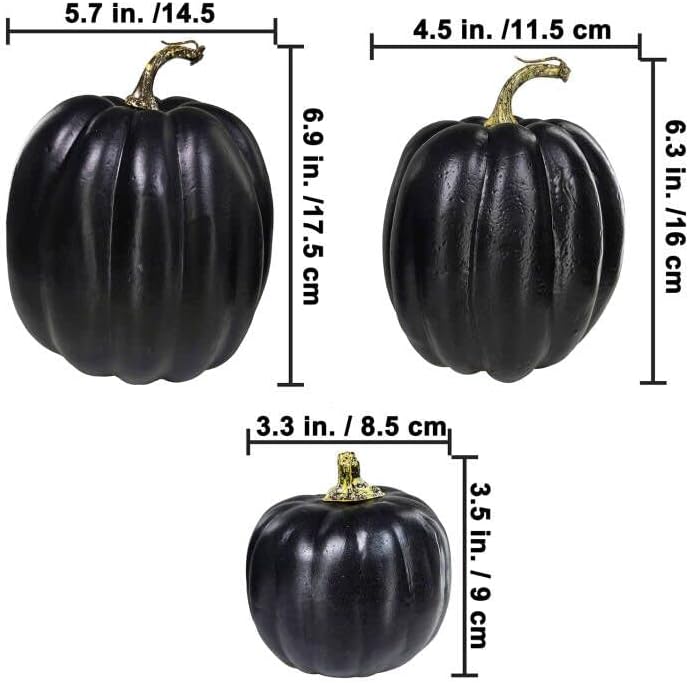 Winlyn 7 Pcs Assorted Artificial Black Pumpkins Halloween Faux Rustic Decorative Foam Pumpkins for Fall Halloween Thanksgiving Tabletop Centerpiece Mantel Kitchen Decor