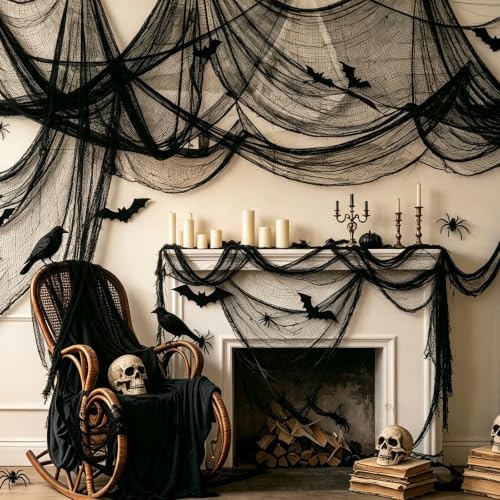 8 Pack Halloween Black Gauze Wall Decor,Outdoor Halloween Fake Spider Web Decorations Webbing,Cobwebs Mesh Spooky Fabric,30X72 in Black Cheesecloth for Haunted House Indoor Creepy Cloth (8, Black)