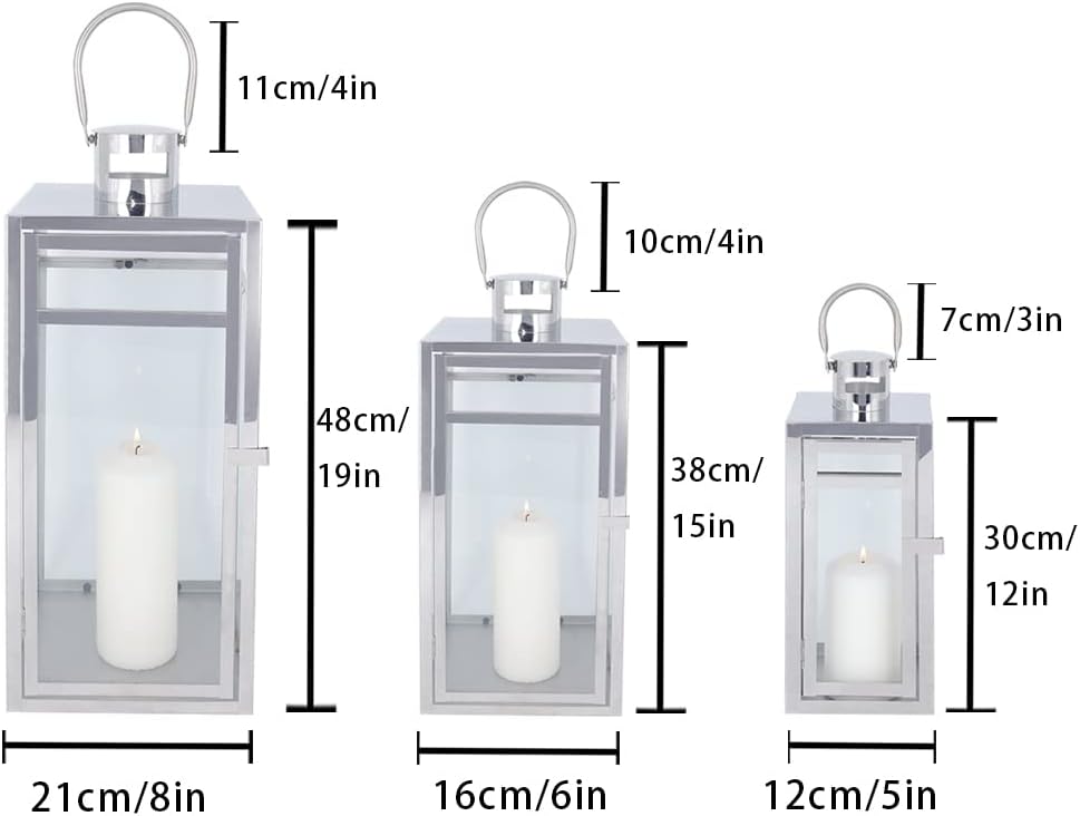 TRIROCKS Stainless Steel Lantern Set of 3, 19/15/12" Tall Metal Hanging Lanterns with Tempered Glass Panels, Indoor &