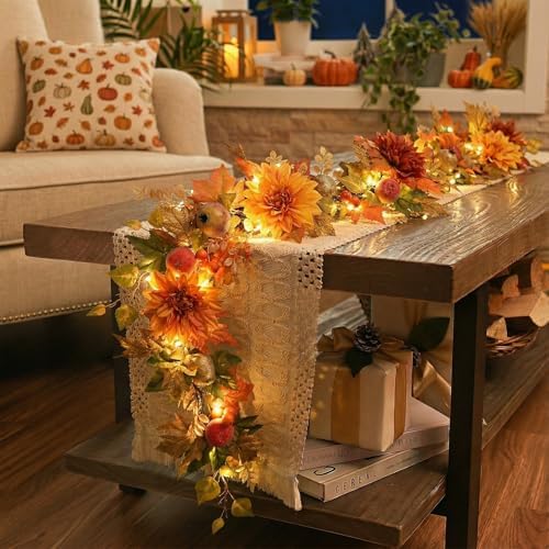 Valery Madelyn 6ft Pre-Lit Fruits & Dahlia Fall Garland for Mantel