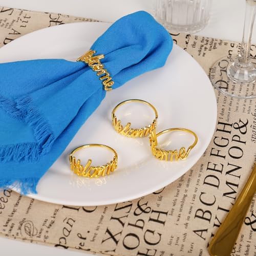 wonlex Gold Napkin Rings Set of 12, Modern Themed Napkin Ring Buckles Simple Alphabet Napkin Rings Serviette Napkin Holder for Family Gatherings Dinner Engagement Party Banquet Table Decor(Welcome)