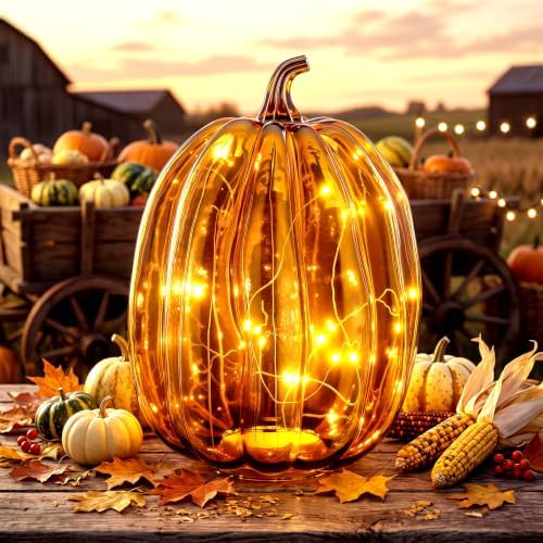 Glooglitter Mercury Glass Pumpkin Light LED Fall Lamp, Oval, Amber, Large