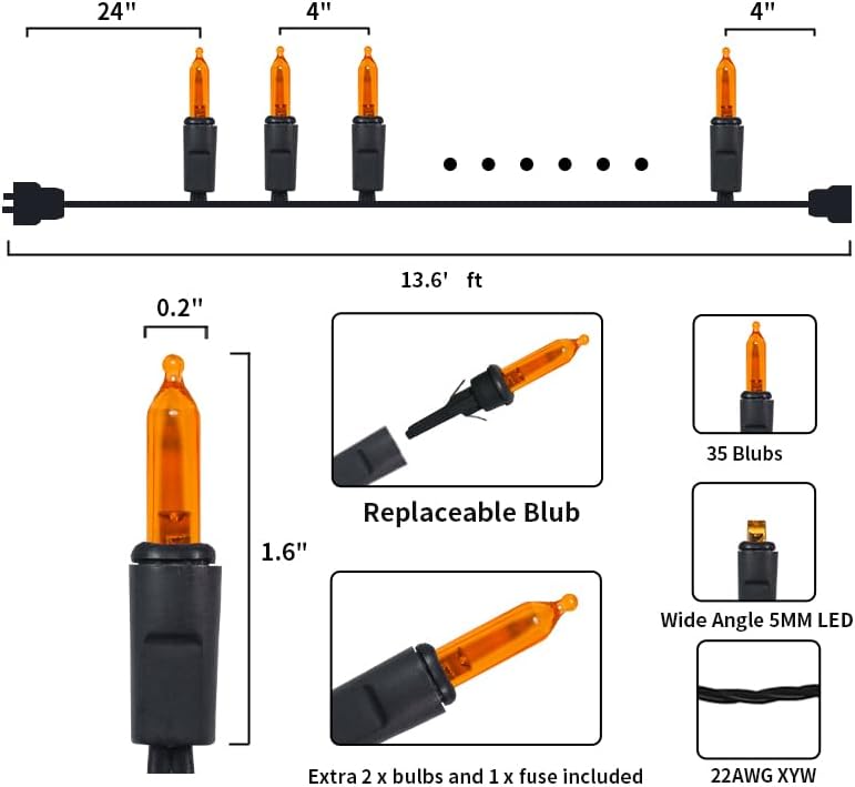 Orange LED Halloween Lights - 35 Count Orange Christmas String Lights for Small Tree, Crafts, Holiday, Indoor/Outdoor Halloween Decorations, 11 Feet Black Wire, UL Certified, Connectable