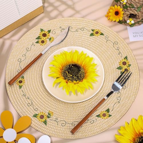 Whaline 4Pcs Sunflower Embroidered Placemats Spring Summer Floral Round Place Mats Dinner Table Mats for Home Holiday Birthday Baby Shower Party Decor