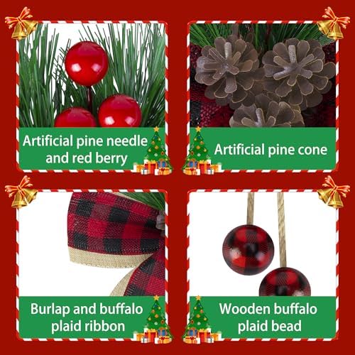 codree 4 Pcs Christmas Burlap Plaid Bows with Pine Cones Pine Needles