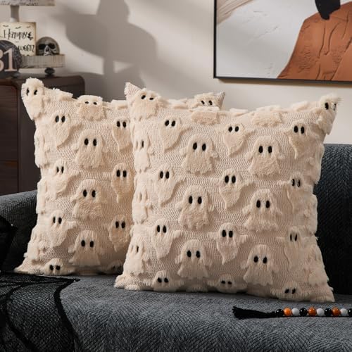 DFXSZ Halloween Pillow Covers 16x16 Beige Ghost Plush Halloween Decor095B16