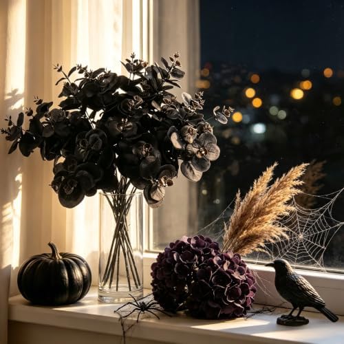 Tinsow 5 Pcs Black Artificial Eucalyptus Stems Faux Eucalyptuses Branches Black Leaf Halloween Centerpiece Halloween Home Decor (Black, 5)