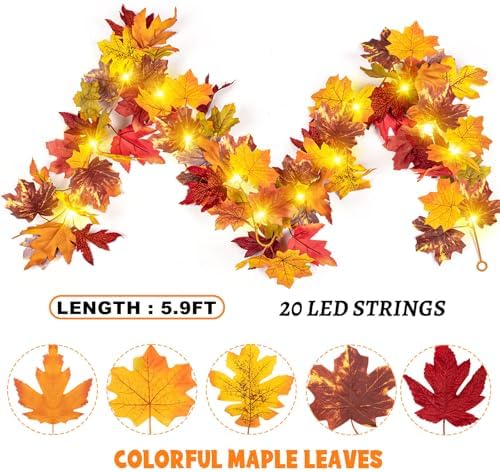 2Pcs Fall Maple Leaf Garland with Yellow Lights