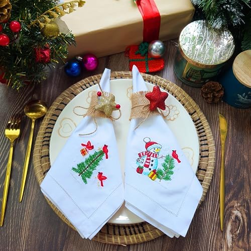 HCRAFT Embroidered Cotton Table Napkin, Cloth Napkins Set of 4 18"x18" Christmas Fireplace Napkin Square Fabric, Dining Room, Napkins Cloth Machine Washable, Christmas Napkins, Great Present Ideas