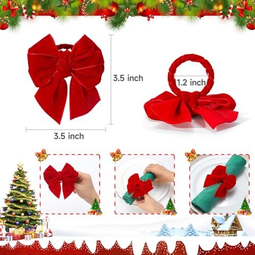 KPOSIYA Christmas Napkin Rings Set of 8, Red Bow Napkin Holder 4x4.4 in