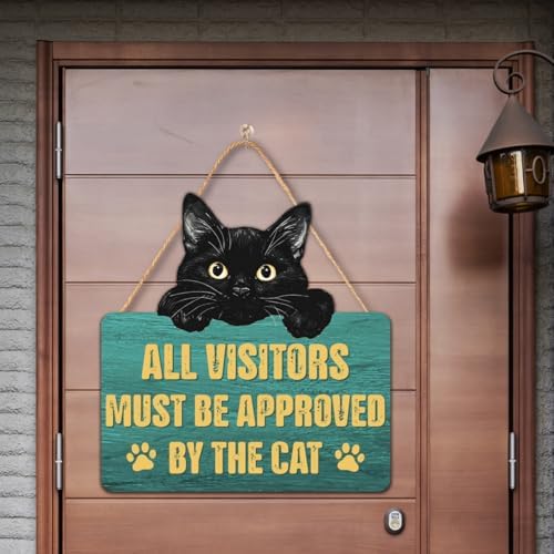 Funny Black Cat Wood Hanging Sign for Front Door, Cat Gifts House Welcome Sign