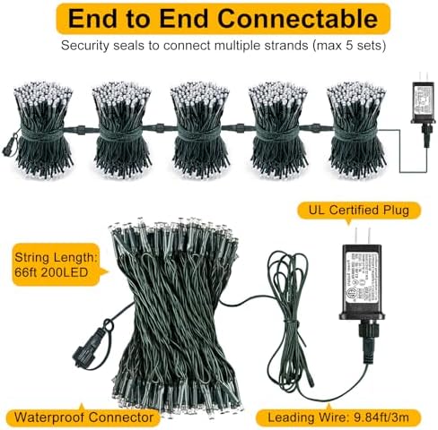 White Christmas Lights Outdoor, 66FT 200 LED Christmas Tree Lights