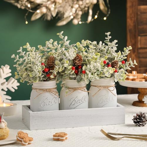 Christmas Mason Jars, Set of 3 White Painted Jars with Artificial Pine and Berries in Wood Tray, Christmas Centerpieces for Dining Table, Winter Home Decor