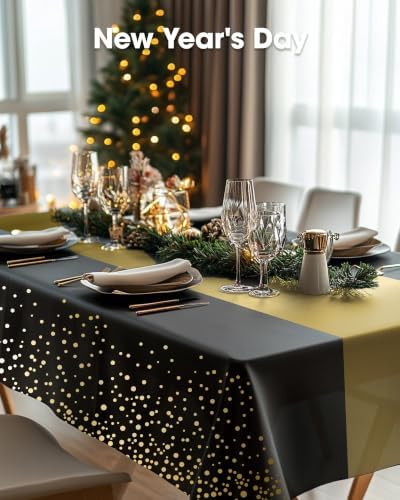 Pureegg Plastic Table Cloth Disposable 54x108 Inch 10 Pack, Black Gold