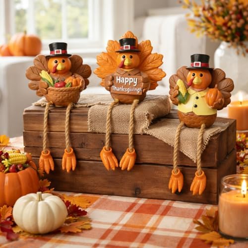 Thanksgiving Turkey Tabletop Centerpiece Decor Resin Turkey Figurines Set of 3 Fall Turkey Shelf Sitter Decor for Thanksgiving Table Decorations Tiered Tray Mantel Shelf Kitchen Entryway Decoration