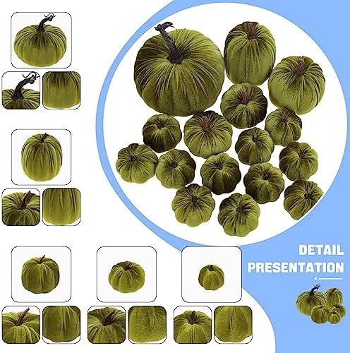 Woration 16pcs Artificial Green Velvet Pumpkins Assorted Sizes