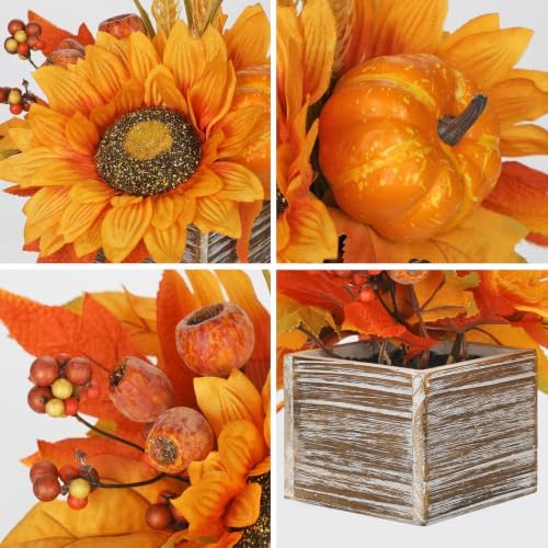 DILATATA Fall Decor Autumn Harvest Pumpkins Centerpiece - Artificial Sunflowers and Maple Leaves Arrangement in Wooden Box for Thanksgiving Party Mantel Fall Decor