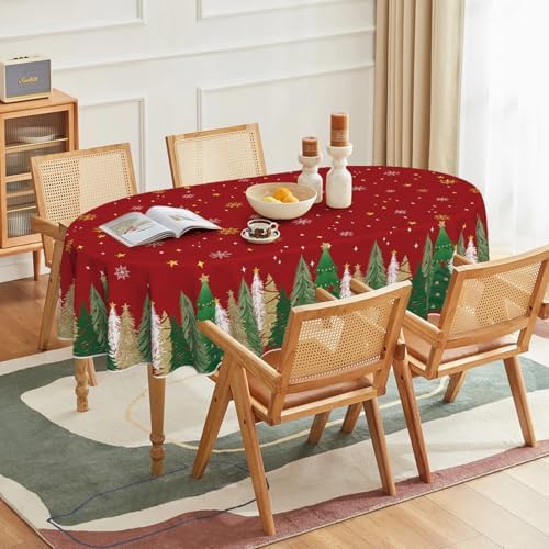 Horaldaily Christmas Tablecloth 60 x 84 Inch Oval Christmas Trees Red