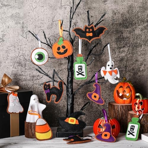 Breling 20 Pcs Halloween Felt Ornaments 3D Halloween Tree Hanging Decorations 3.15 Inch Ghost Bat Pumpkin Black Cat Witch Hat Felt Ornaments for Garland Banner Mantle Wall Party Decor
