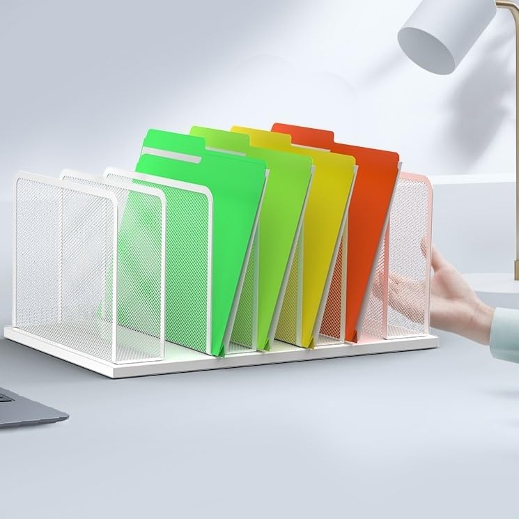 Kuntine.B 7-SectionUpright Desk File Organizer White 2 Pack | Vertical, Mesh, Metal, Assembly, Stability, Sturdiness