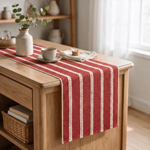 Artoid Mode Red Farmhouse Dashed Stripe Table Runner, Seasonal Holiday Christmas Boho Rustic Kitchen Dining Table Decoration for Home Party Decor 12x60 Inch