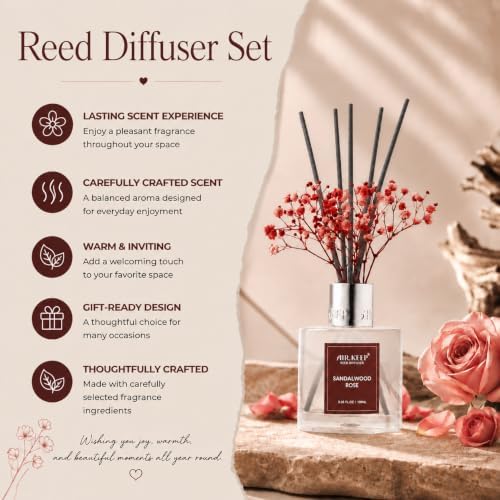 Airkeep Reed Diffuser Set,3.38 fl oz (100 ml) - Sandalwood Rose Oil Diffusers with 8 Reed Sticks,Home Fragrance Reed