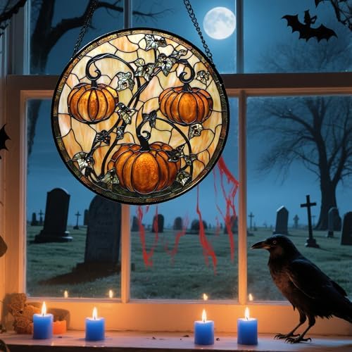 Halloween Orange Pumpkin Vine Leaves Stained Glass Window Hanging Gift 7.8"