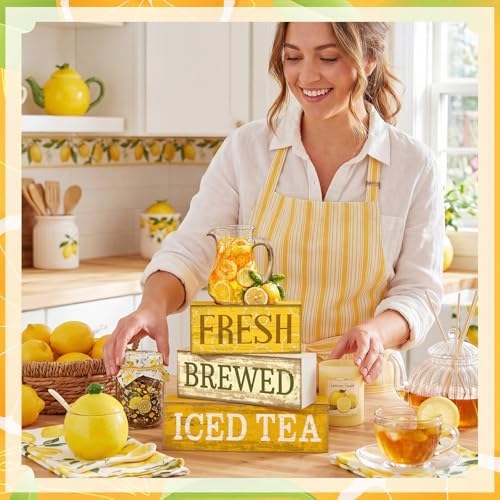 Moucuny 4 Pcs Summer Lemon Table Decorations Iced Tea Tiered Tray Decor