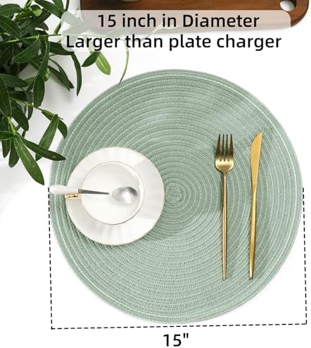 SHACOS Round Placemats Set of 4 Woven Braided Table Placemats 15 inch Cotton Polyester Place Mats Washable Table Mats Indoor Outdoor, Sage Green