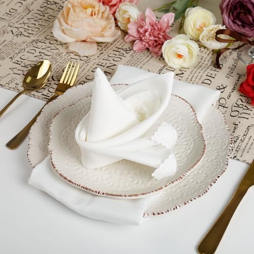 White Cloth Napkins Set of 4, Polyester Dinner Napkins Washable Reusable, Wave Lace Table Cloth Napkins for Christmas Thanksgiving Festival Holiday Dinner Table Decoration