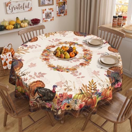 Thanksgiving Tablecloth Round 90 Inch, Stain Resistant Machine Washable Fabric Polyester Turkey Harvest Table Cloth Round Thanksgiving Tablecloth Table Cover for Kitchen Dining Party