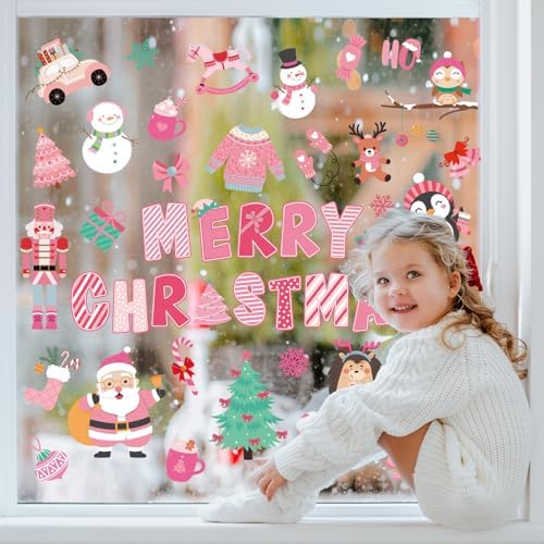 Whaline 9 Sheets Merry Christmas Window Cling Stickers Pink Cartoon Santa Snowman Penguin Reusable Window Decals for Xmas Winter Party Home Office Classroom Decoration